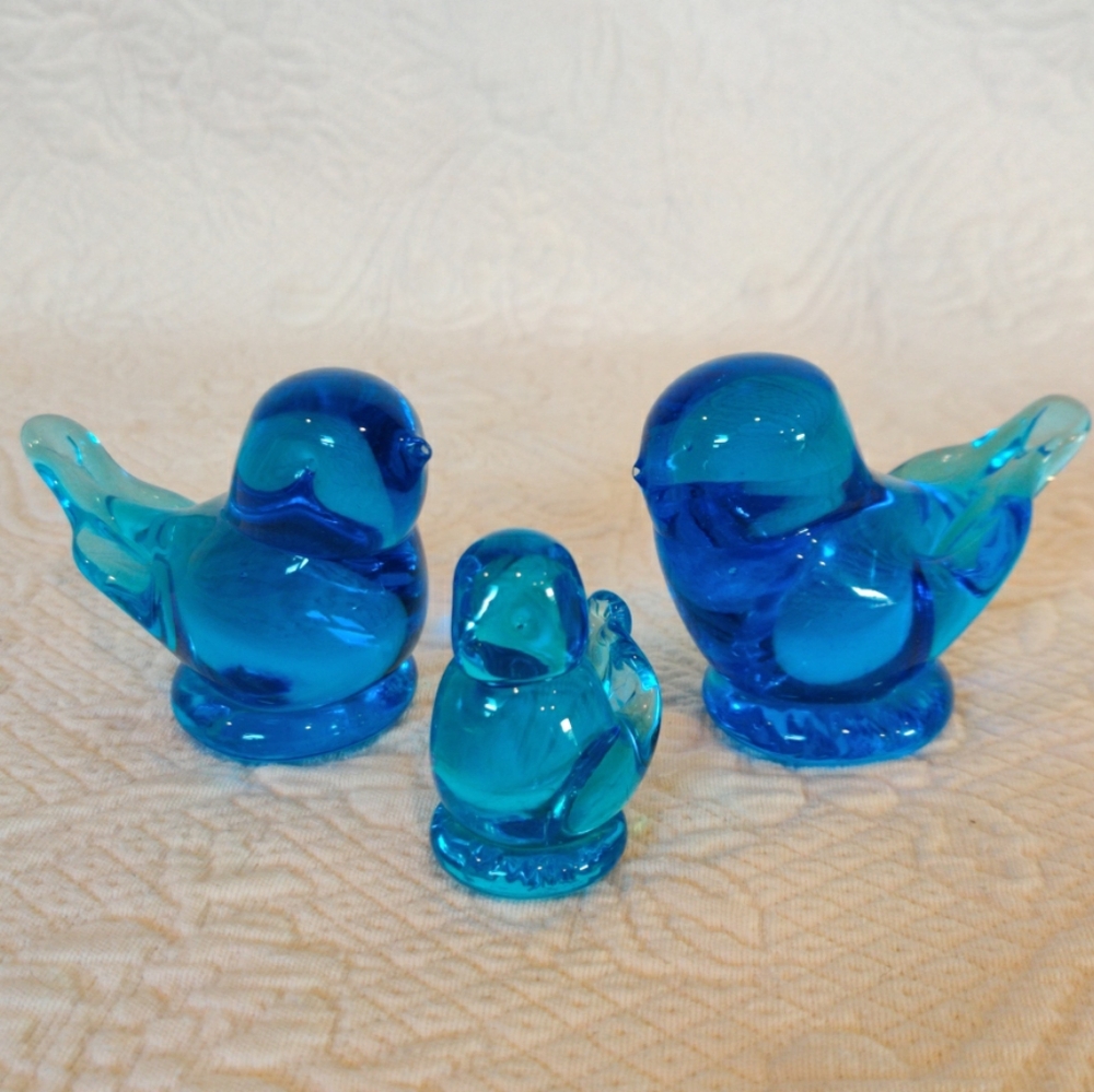 Czark Studio Leo Ward Signed Blue Glass Birds Of Happiness Lot Of Three